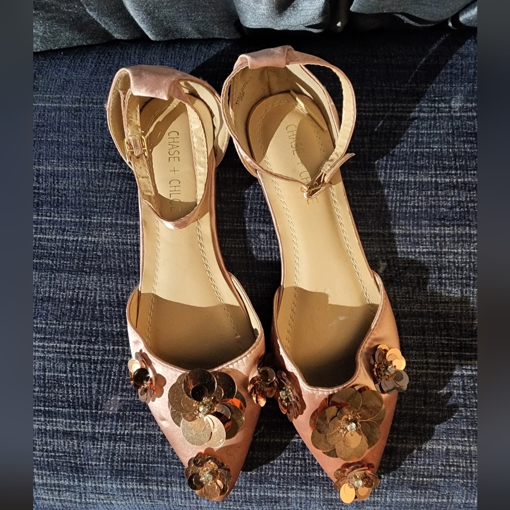 Women's 7.5 soft Pink with big flower designed pointy flat by Chase & Chloe